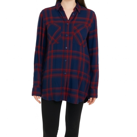 Express Navy and Red Boyfriend Plaid Shirt - Picture 2 of 8